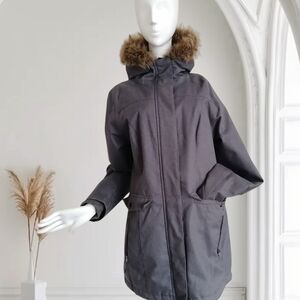 Women's Charcoal Hooded Puffer Jacket with Faux Fur Trim